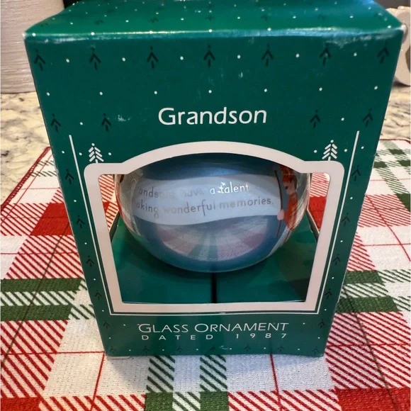 Vintage 1987 Grandson Glass Ornament - White and Blue - Picture 1 of 5
